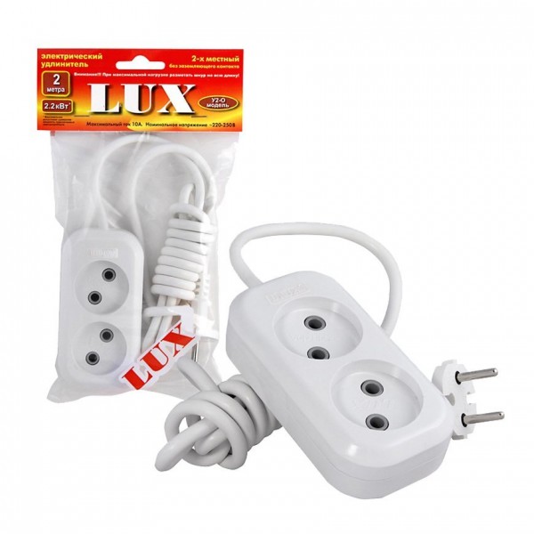 Фото Удлинитель бытовой 2,0м 2гн б/з 250в 10а белый lux у2-о-02