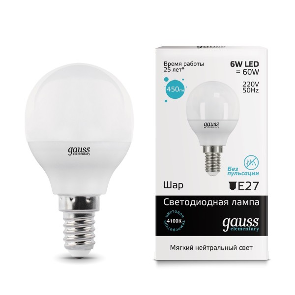 Фото Лампа светодиодная gauss led elementary шар 6w e14 450lm 4100k
