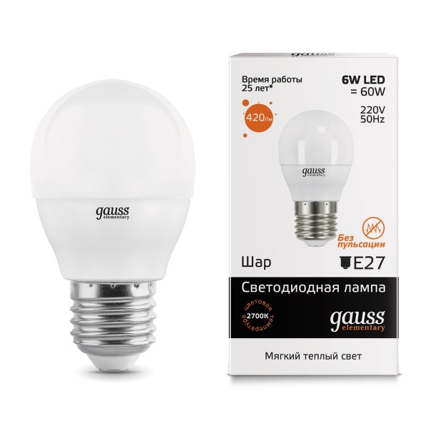 Фото Лампа светодиодная gauss led elementary шар 6w e27 420lm 3000k
