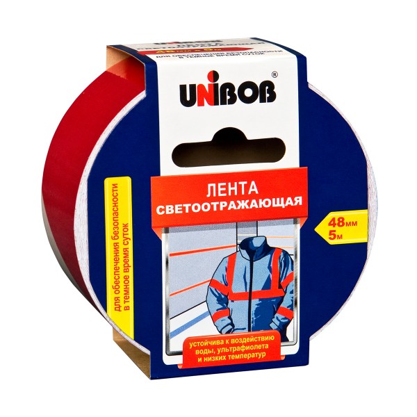 Фото Лента клейкая, светоотражающая Unibob 48мм*5м красно-белая 48984
