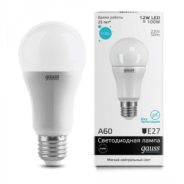 Фото Лампа светодиодная gauss led elementary a60 12w e27 1150lm 4100k