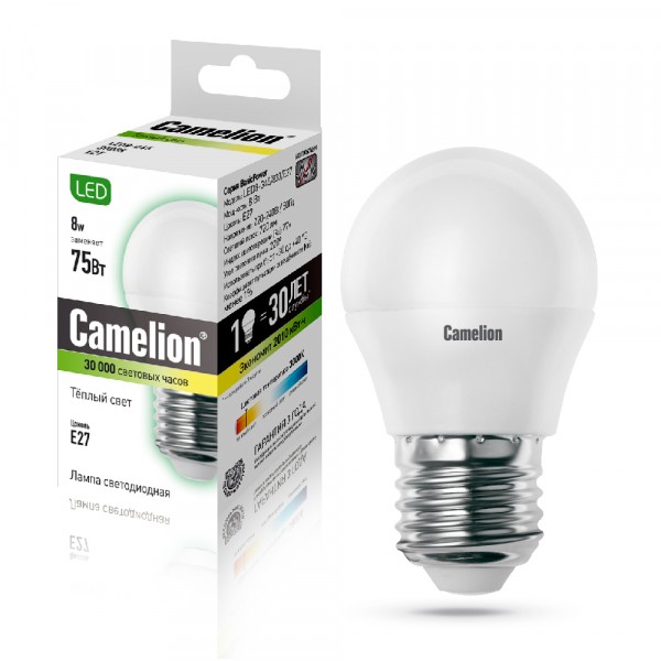 Фото Лампа светодиодная camelion e27 led8-g45/830 8вт