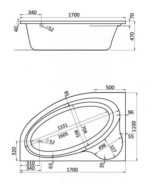 Фото Ванна акриловая асимметричная эдера 170х110 правосторонняя, белая