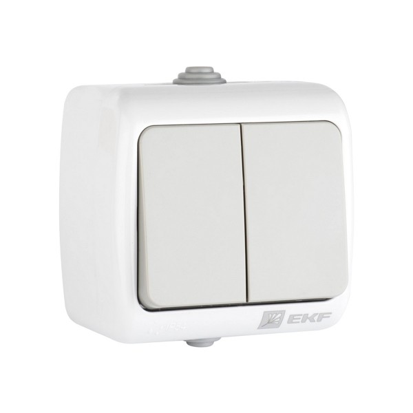 Фото Выключатель 2-клавишный мурманск 10а ip54 серый efv10-023-30-54