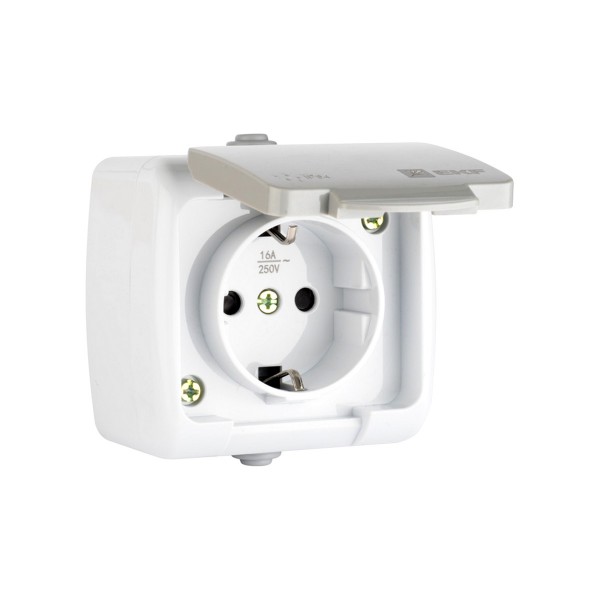 Фото Розетка 1-местная мурманск 16а с заземлением с крышкой ip54 серый с защитн.шторками  efr16-029-30-54