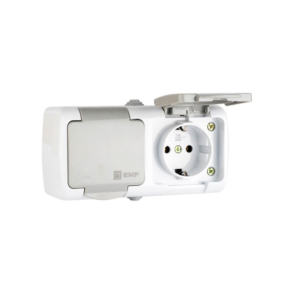 Фото Розетка 2-местная мурманск 16а с заземлением с крышкой ip54 серый с защитн.шторками efr16-129-30-54