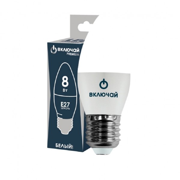 Фото Лампа светодиодная включай premium 1003881 e27 свеча 8вт 4000к
