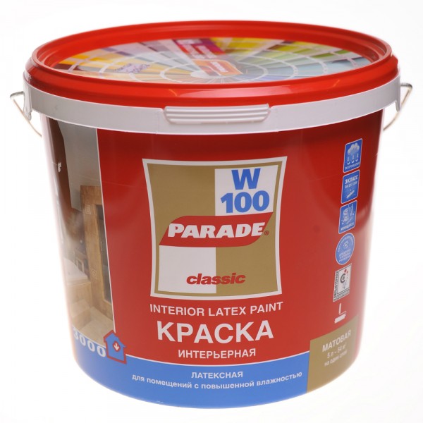 Фото Краска parade w100 влажные помещения  база a белая мат 9л