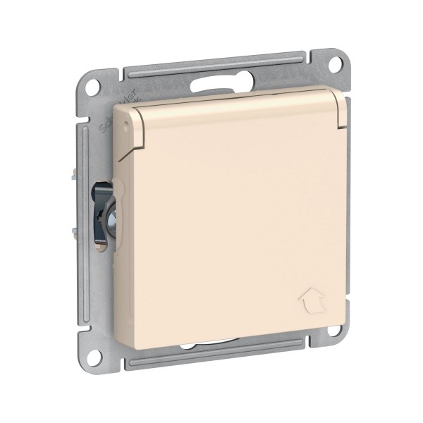 Фото Розетка atlasdesign с заземлением со шторками с крышкой 16а ip20 механизм бежевый atn000246