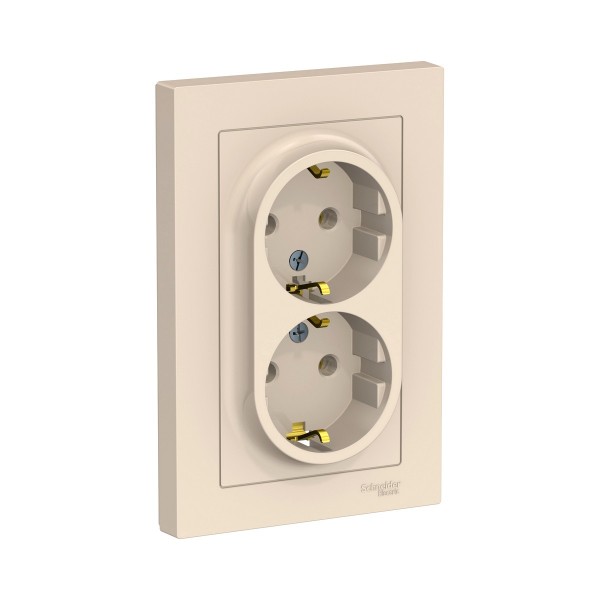 Фото Розетка atlasdesign двойная с заземлением 16а в сборе бежевый atn000224