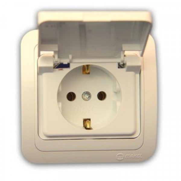Фото Розетка 1-ая makel mimoza скрытая, без заземления с рамкой и крышкой крем/крем, 25009