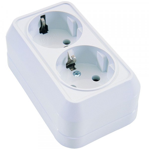 Фото Розетка 2-ая makel наружная серия, с заземлением белая, 45182