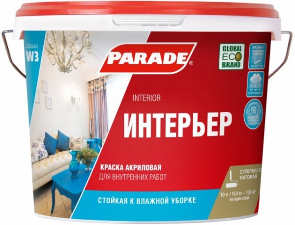Фото Краска parade  w3 интерьер  база a белая мат 10л