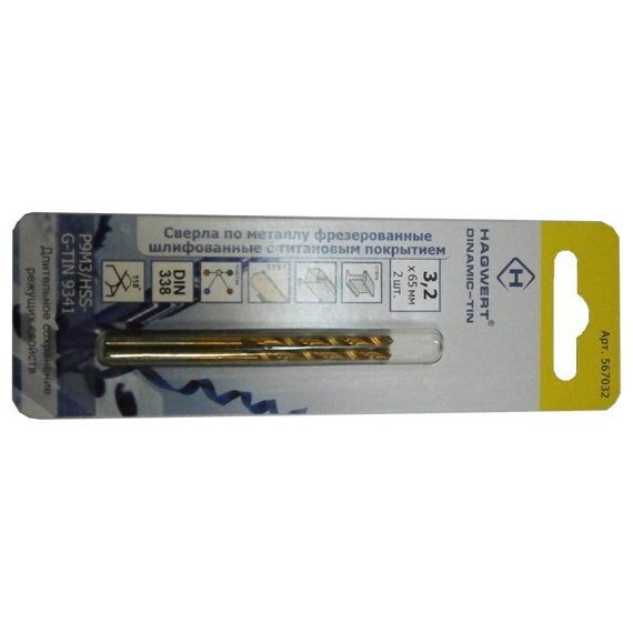 Фото Сверло по металлу  3,2*65мм р9м3 /2шт/ tin hagwert 567032