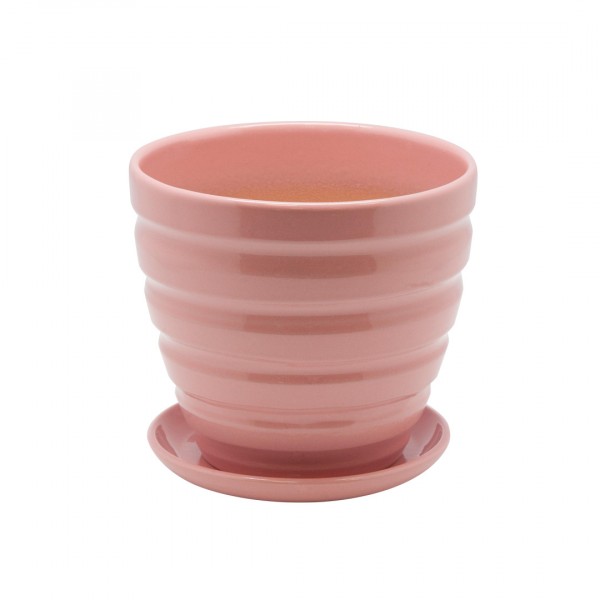 Фото Керамический горшок с подставкой, 1,4л., д145 ш145 в130, коралловый (глянец)