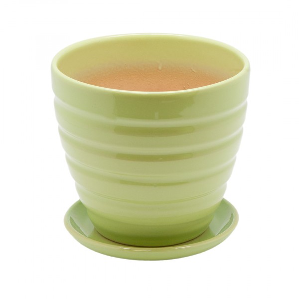 Фото Керамический горшок с подставкой, 1,4л., д145 ш145 в130, зеленый (глянец)