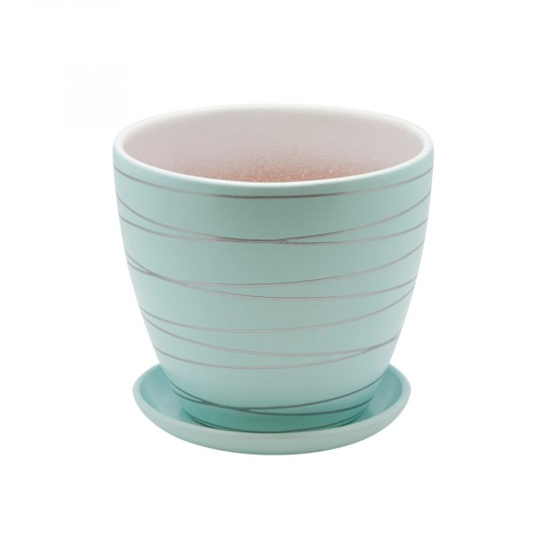 Фото Керамический горшок с подставкой полосы, 1,4л., д145 ш145 в130, голубой (матовый)