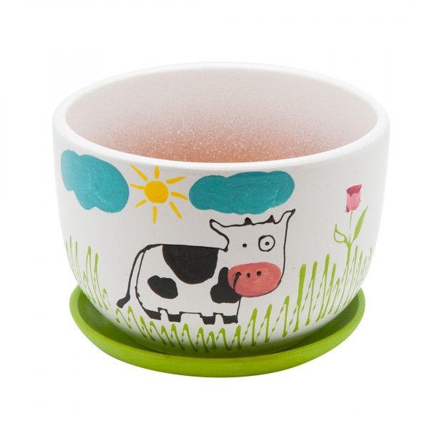 Фото Керамический горшок детский с подставкой корова, 1,05л., д143 ш143 в103