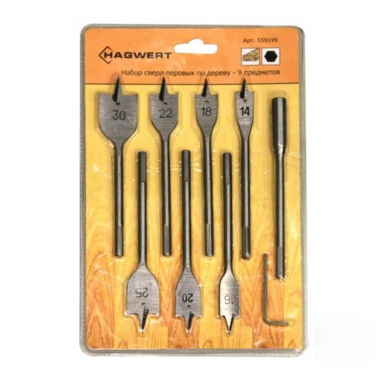 Фото Набор сверл по дереву перовых 7шт 14-30мм удлинитель 150мм  hagwert 559199