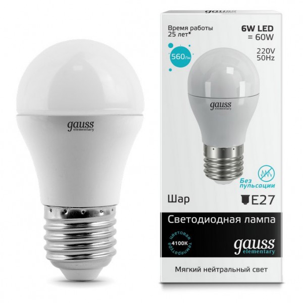 Фото Лампа светодиодная gauss led elementary шар 6w e27 450lm 4100k