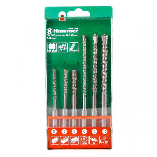 Фото Набор буров sds+ по бетону 6шт 5-6-8х110, 6-8-10х160 мм в пласт. коробке hammer flex 201-902