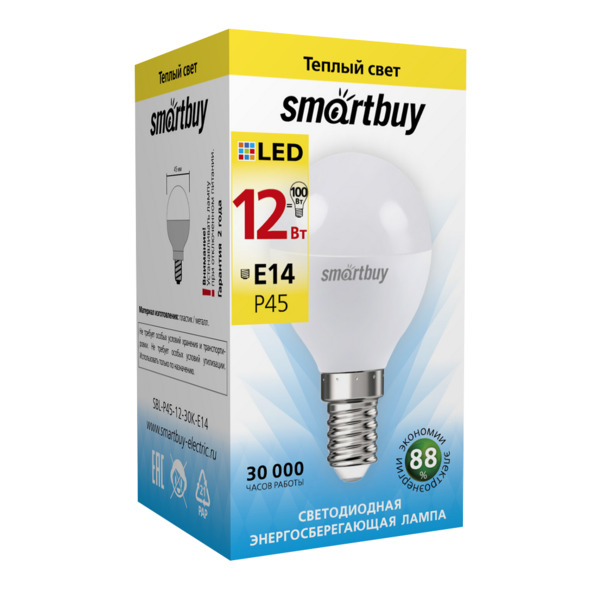 Фото Лампа светодиодная smartbuy led sbl-p45-12-30k-e14 е14 шар 12вт 3000к