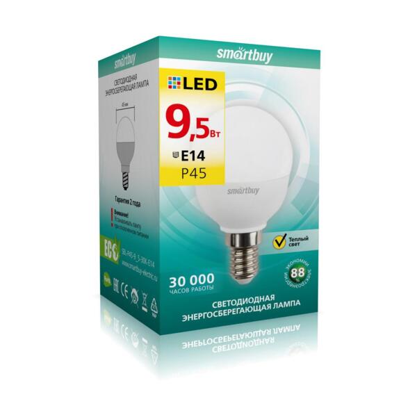 Фото Лампа светодиодная smartbuy led sbl-p45-9_5-30k-e14 е14 шар 9.5вт 3000к