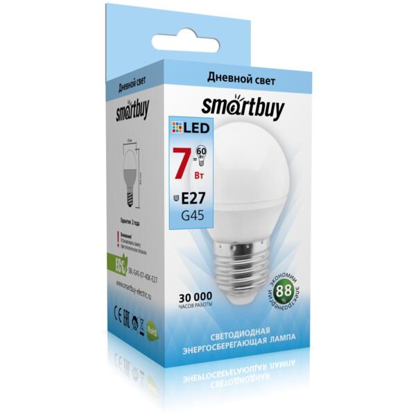 Фото Лампа светодиодная smartbuy led sbl-g45-07-40k-e27 е27 шар 7вт 4000к