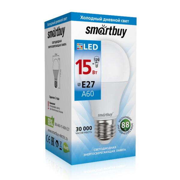 Фото Лампа светодиодная smartbuy led sbl-a60-15-60k-e27 е27 груша 15вт 6000к