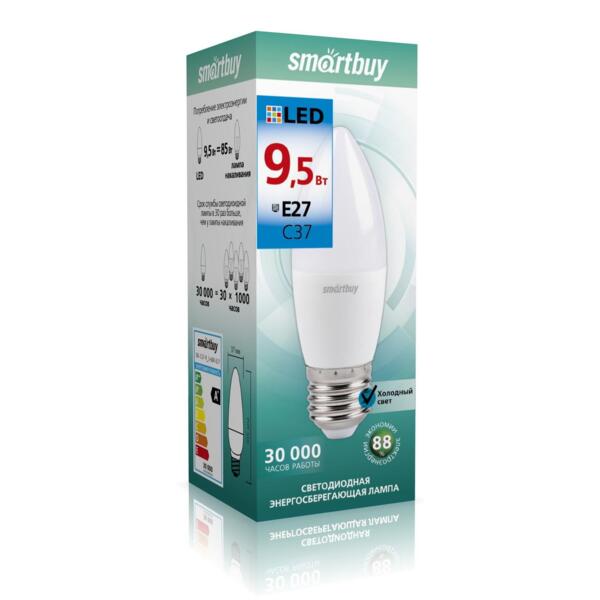 Фото Лампа светодиодная smartbuy led sbl-c37-9_5-60k-e27 е27 свеча 9.5вт 6000к