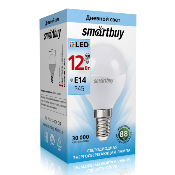 Фото Лампа светодиодная smartbuy led sbl-p45-12-40k-e14 е14 шар 12вт 4000к
