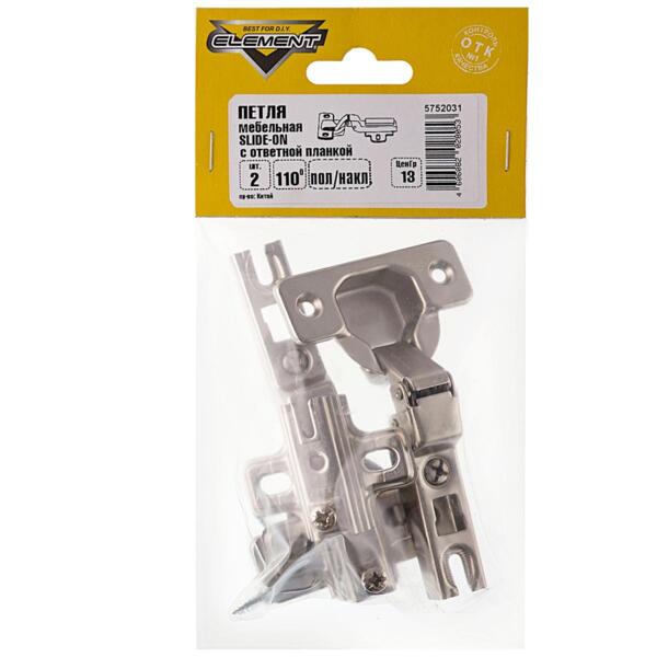 Фото Петля меб. slide-on полунакл.110* с отв.пл, белый цинк, 2шт element 123040
