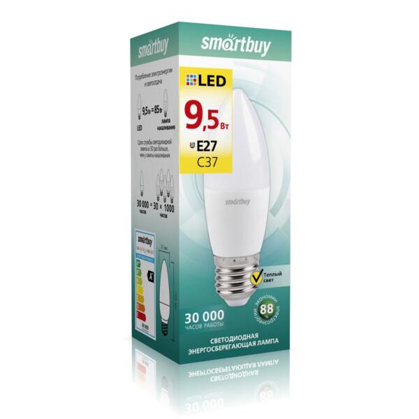 Фото Лампа светодиодная smartbuy led sbl-c37-9_5-30k-e27 е27 свеча 9.5вт 3000к