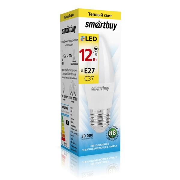 Фото Лампа светодиодная smartbuy led sbl-c37-12-30k-e27 е27 свеча 12вт 3000к