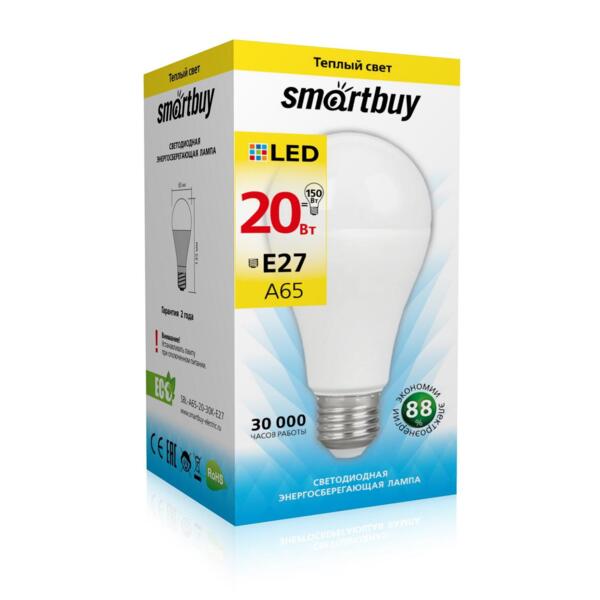 Фото Лампа светодиодная smartbuy led sbl-a65-20-30k-e27 е27 груша 20вт 3000к