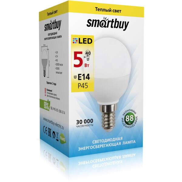 Фото Лампа светодиодная smartbuy led sbl-p45-05-30k-e14 е14 шар 5вт 3000к