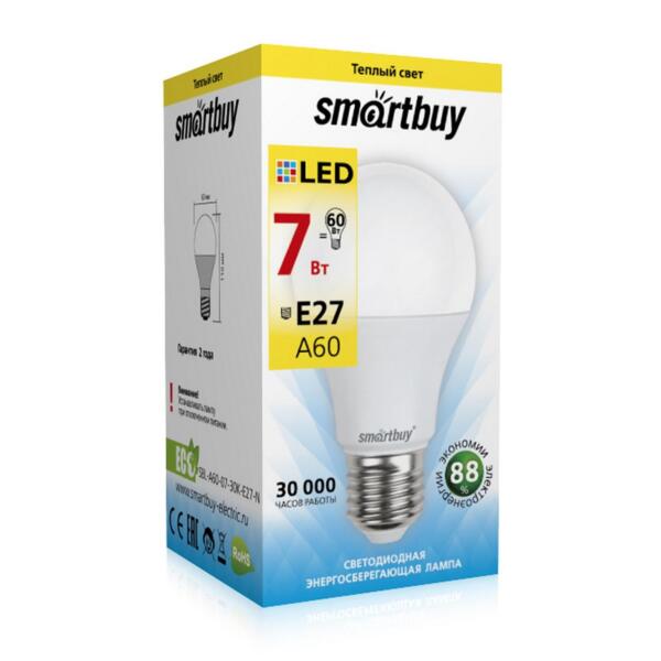 Фото Лампа светодиодная smartbuy led sbl-a60-07-30k-e27-n е27 груша 7вт 3000к