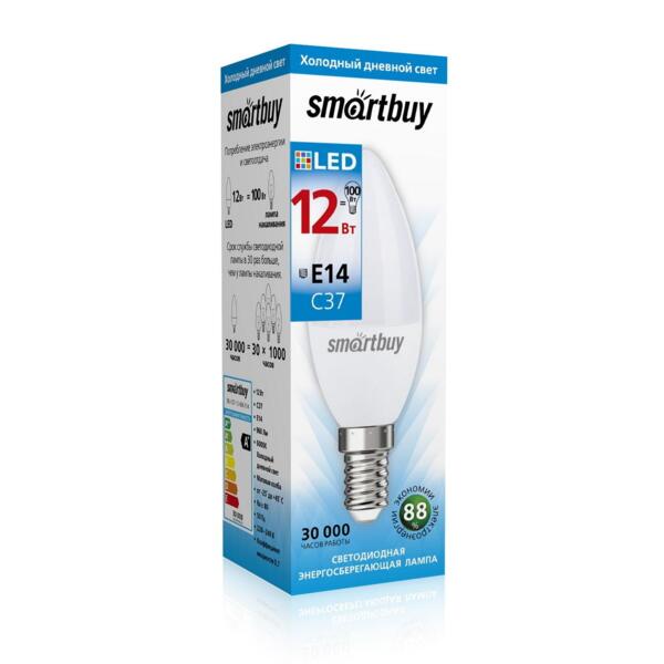Фото Лампа светодиодная smartbuy led sbl-c37-12-60k-e14 е14 свеча 12вт 6000к