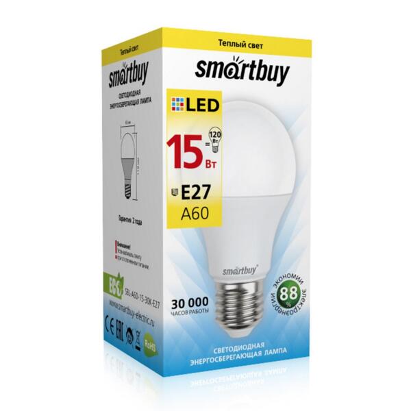 Фото Лампа светодиодная smartbuy led sbl-a60-15-30k-e27 е27 груша 15вт 3000к
