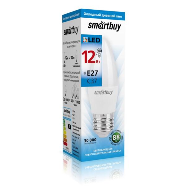 Фото Лампа светодиодная smartbuy led sbl-c37-12-60k-e27 е27 свеча 12вт 6000к