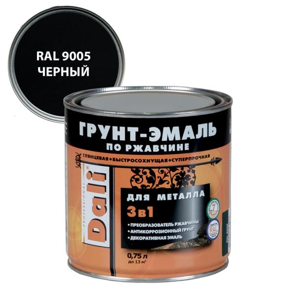 Фото Грунт-эмаль dali по ржавчине 3 в 1 гладкая 0,75л черный