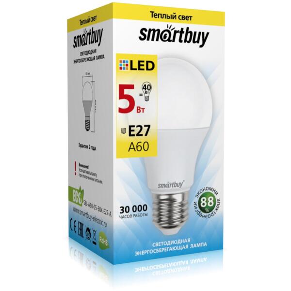 Фото Лампа светодиодная smartbuy led sbl-a60-05-30k-e27-a е27 груша 5вт 3000к