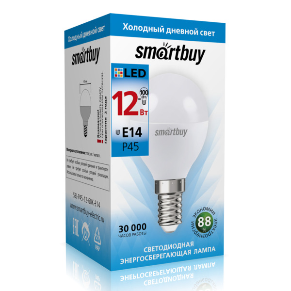 Фото Лампа светодиодная smartbuy led sbl-p45-12-60k-e14 е14 шар 12вт 6000к