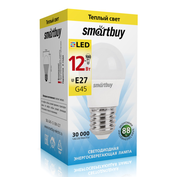 Фото Лампа светодиодная smartbuy led sbl-g45-12-30k-e27 е27 шар 12вт 3000к