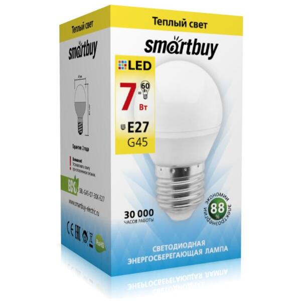 Фото Лампа светодиодная smartbuy led sbl-g45-07-30k-e27 е27 шар 7вт 3000к
