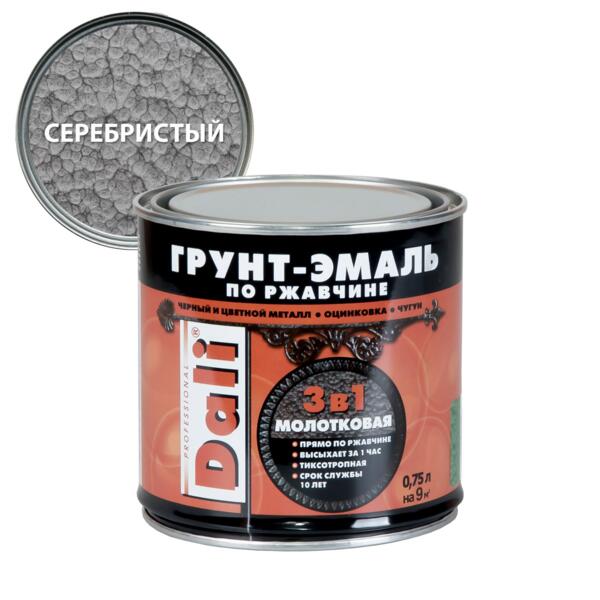 Фото Грунт-эмаль dali по ржавчине 3 в 1 молотковая 0,75л серебристый