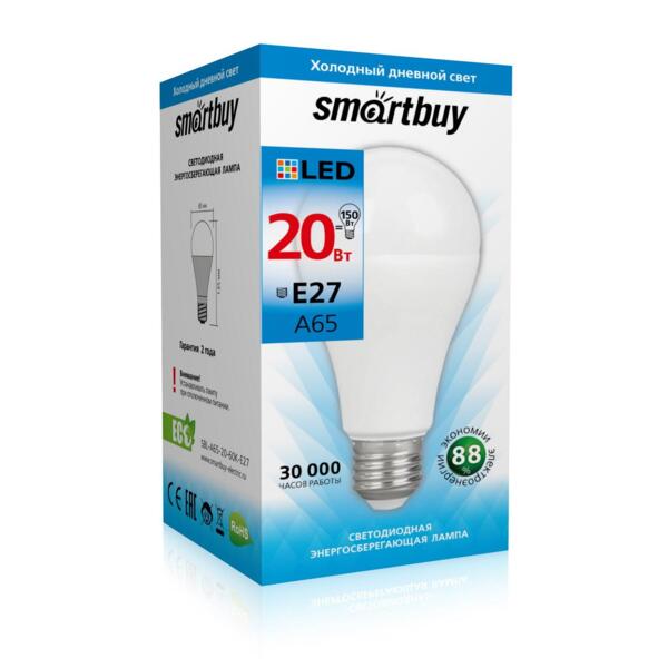 Фото Лампа светодиодная smartbuy led sbl-a65-20-60k-e27 е27 груша 20вт 6000к