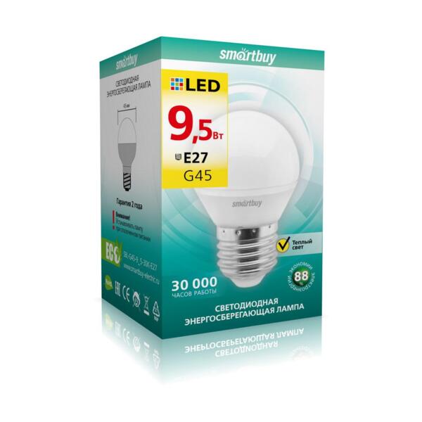 Фото Лампа светодиодная smartbuy led sbl-g45-9_5-30k-e27 е27 шар 9.5вт 3000к