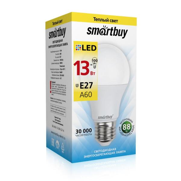 Фото Лампа светодиодная smartbuy led sbl-a60-13-30k-e27-a е27 груша 13вт 3000к