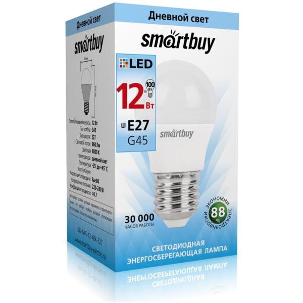 Фото Лампа светодиодная smartbuy led sbl-g45-12-40k-e27 е27 шар 12вт 4000к